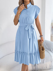 Tie Waist Ruffled Cap Sleeve Dress