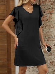 Ruffled V-Neck Cap Sleeve Mini Dress
