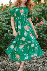 Floral Print Bubble Sleeve Smocked Tiered Midi Dress