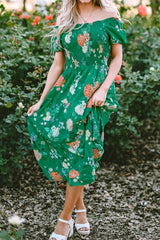 Floral Print Bubble Sleeve Smocked Tiered Midi Dress