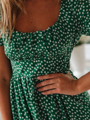 Printed Square Neck Short Sleeve Midi Dress
