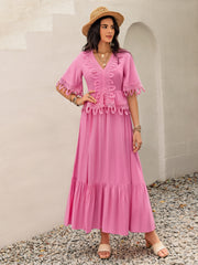 Lace Detail V-Neck Half Sleeve Midi Dress