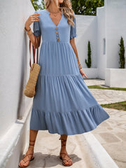 Notched Short Sleeve Tiered Midi Dress