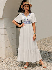 Ruffled Hem V-Neck Flutter Sleeve Dress