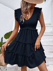 Ruffled V-Neck Cap Sleeve Dress