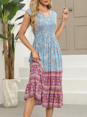 Printed Round Neck Cap Sleeve Dress