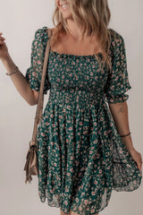 Smocked Square Neck Puff Short Sleeve Floral Dress