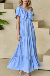 Ruffled V Neck Flutter Sleeve Maxi Dress