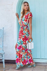 Printed Surplice Short Sleeve Tie Waist Maxi Dress