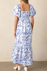 Smocked Printed Square Neck Puff Sleeve Dress