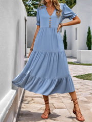 Notched Short Sleeve Tiered Midi Dress