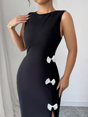 Bow Slit Round Neck Sleeveless Dress