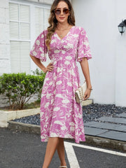Printed V-Neck Flutter Sleeve Dress