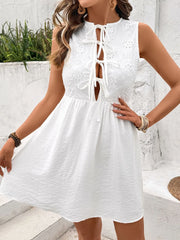 Eyelet Tie Front Sleeveless Mini Dress