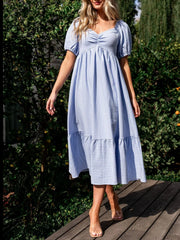 Striped Sweetheart Neck Puff Sleeve Midi Dress