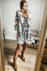 Printed Notched Three-Quarter Sleeve Mini Dress