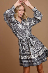 Umgee Full Size Two Tone Floral Border Print Tie Waist Mini Dress Plus Size