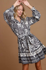 Umgee Full Size Two Tone Floral Border Print Tie Waist Mini Dress Plus Size