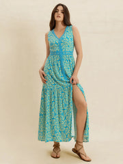 Slit Printed V-Neck Sleeveless Dress