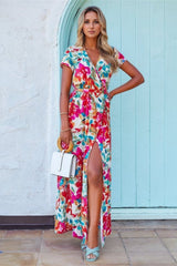 Printed Surplice Short Sleeve Tie Waist Maxi Dress