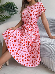 Heart Print Short Sleeve Tie Waist Dress