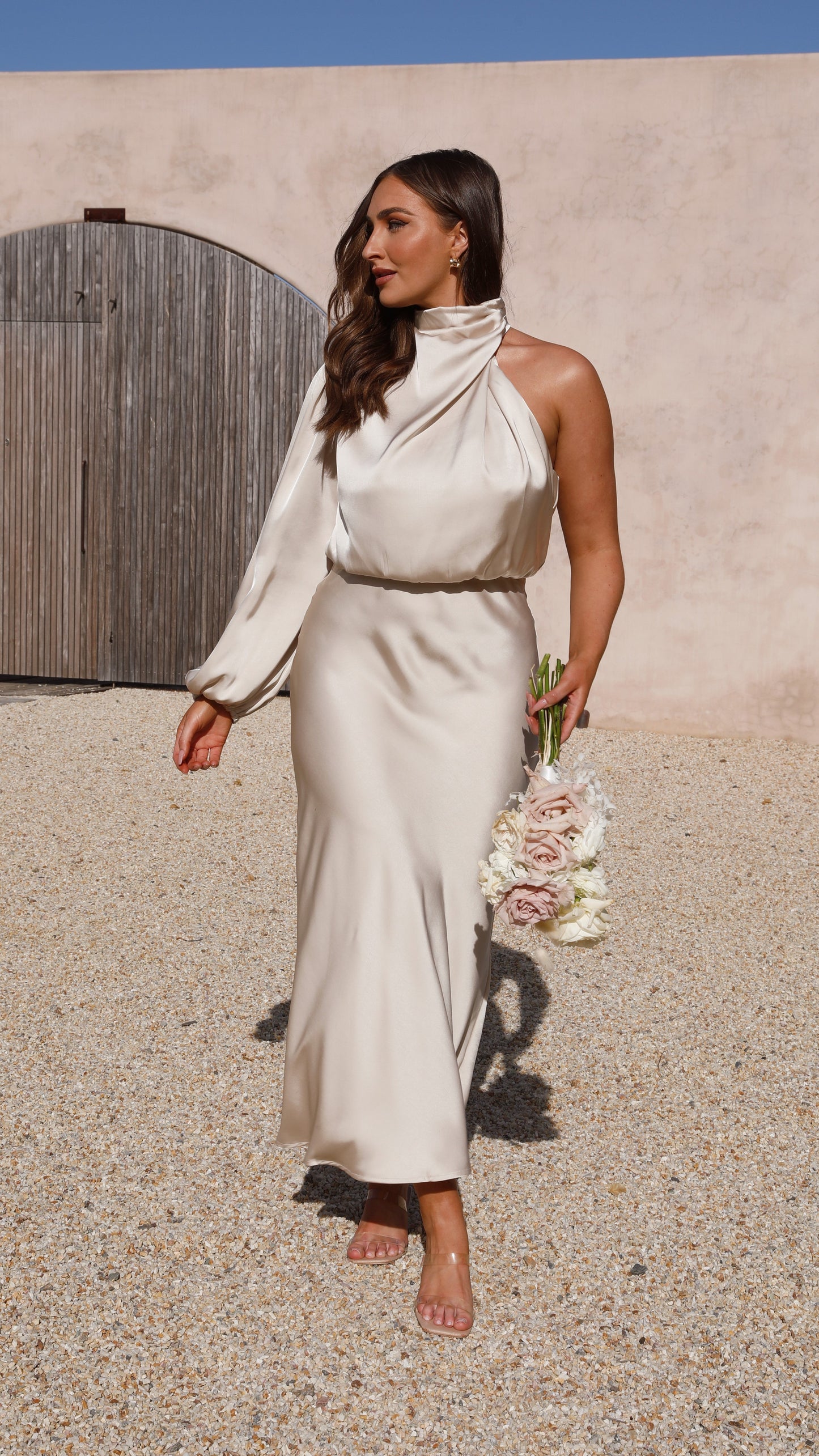 Esther One Shoulder Long Sleeve Dress - Champagne