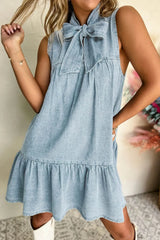 Tie Neck Sleeveless Denim Dress
