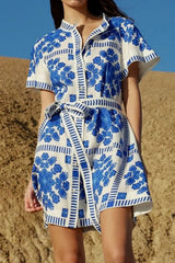 Printed Tie Waist Short Sleeve Dress