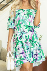 Floral Print Shirred Square Neck Loose Fit Mini Dress