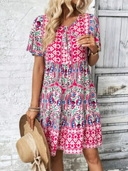 Printed Tie Neck Short Sleeve Dress