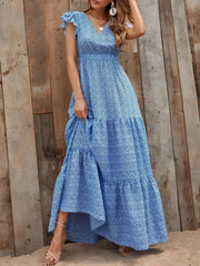 Printed V-Neck Ruffled Cap Sleeve Maxi Dress