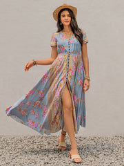 Smocked Floral V-Neck Short Sleeve Midi Dress