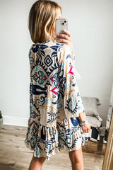 Printed Notched Three-Quarter Sleeve Mini Dress