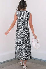 Checkered Round Neck Sleeveless Midi Dress