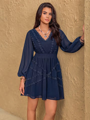 Lace Detail V-Neck Balloon Sleeve Mini Dress