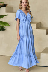 Ruffled V Neck Flutter Sleeve Maxi Dress