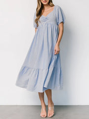 Striped Sweetheart Neck Puff Sleeve Midi Dress