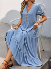 Notched Short Sleeve Tiered Midi Dress