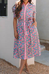 Printed Shirred Sleeve Buttoned Front Midi Dress with Sash