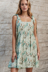 Smocked Printed Tie Shoulder Mini Cami Dress