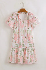 Floral Contrast Edge Layered Short Sleeve Mini Dress