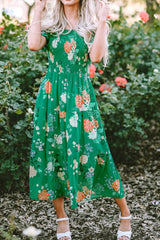 Floral Print Bubble Sleeve Smocked Tiered Midi Dress