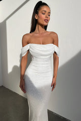 Nara Off Shoulder Sequin Maxi Dress - White