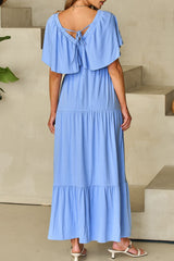 Ruffled V Neck Flutter Sleeve Maxi Dress