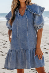 Ruffled Side Pockets Puff Sleeve Denim Mini Dress