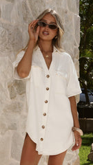 Maliha Button Up Mini Dress - White Denim
