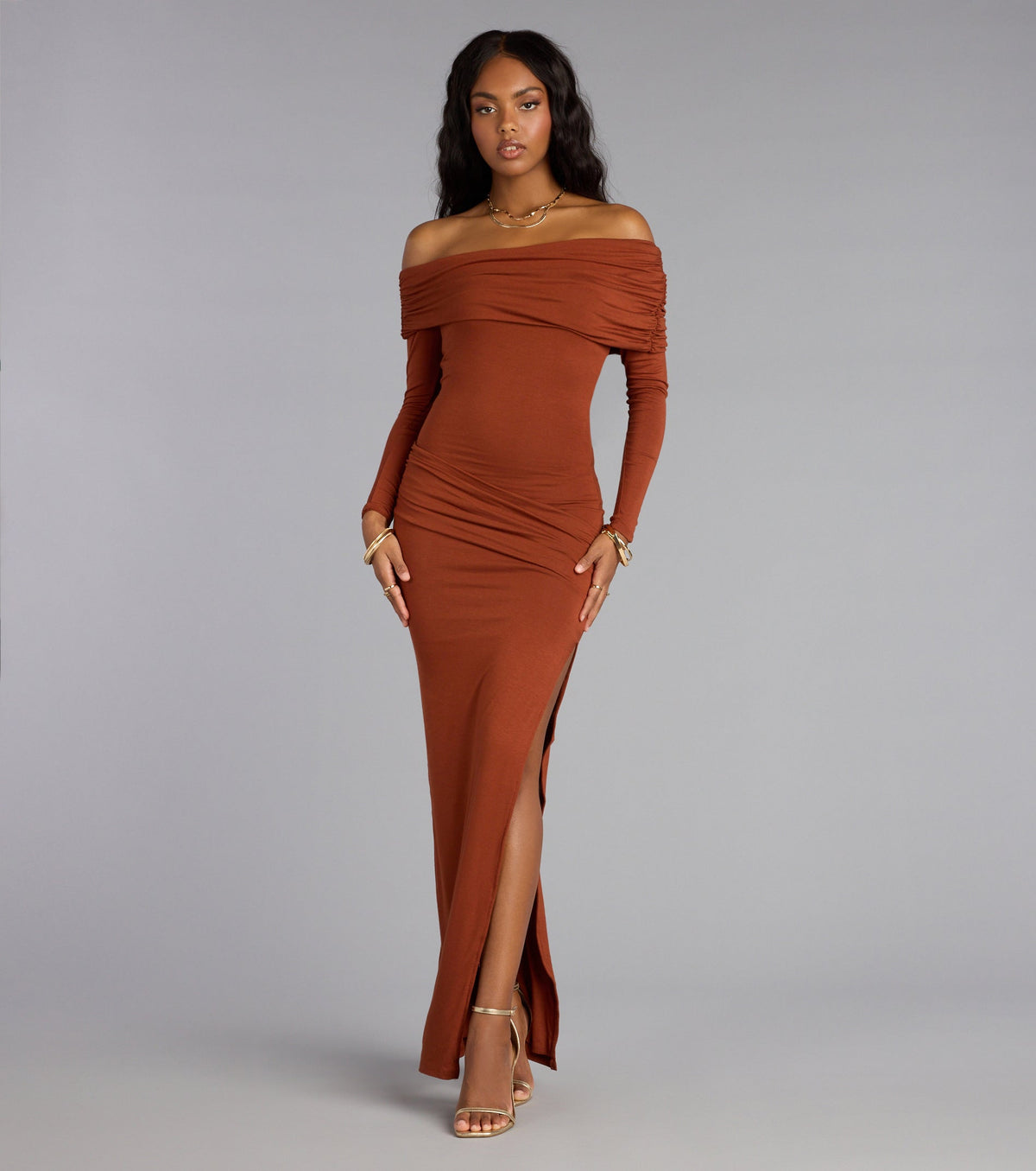 Off-The-Shoulder Moments Slit Maxi Dress