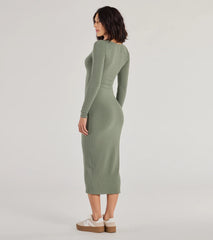 Casual Chic Style Long Sleeve Ribbed Knit Midi Dress