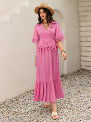 Lace Detail V-Neck Half Sleeve Midi Dress