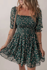 Smocked Square Neck Puff Short Sleeve Floral Dress